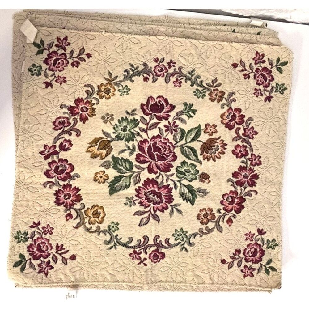 Vintage Belgian Woven Cotton Tapestry Squares Set Floral Aubusson Medallion